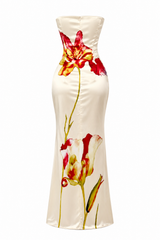 Vestido Largo Satinado Floral Beige