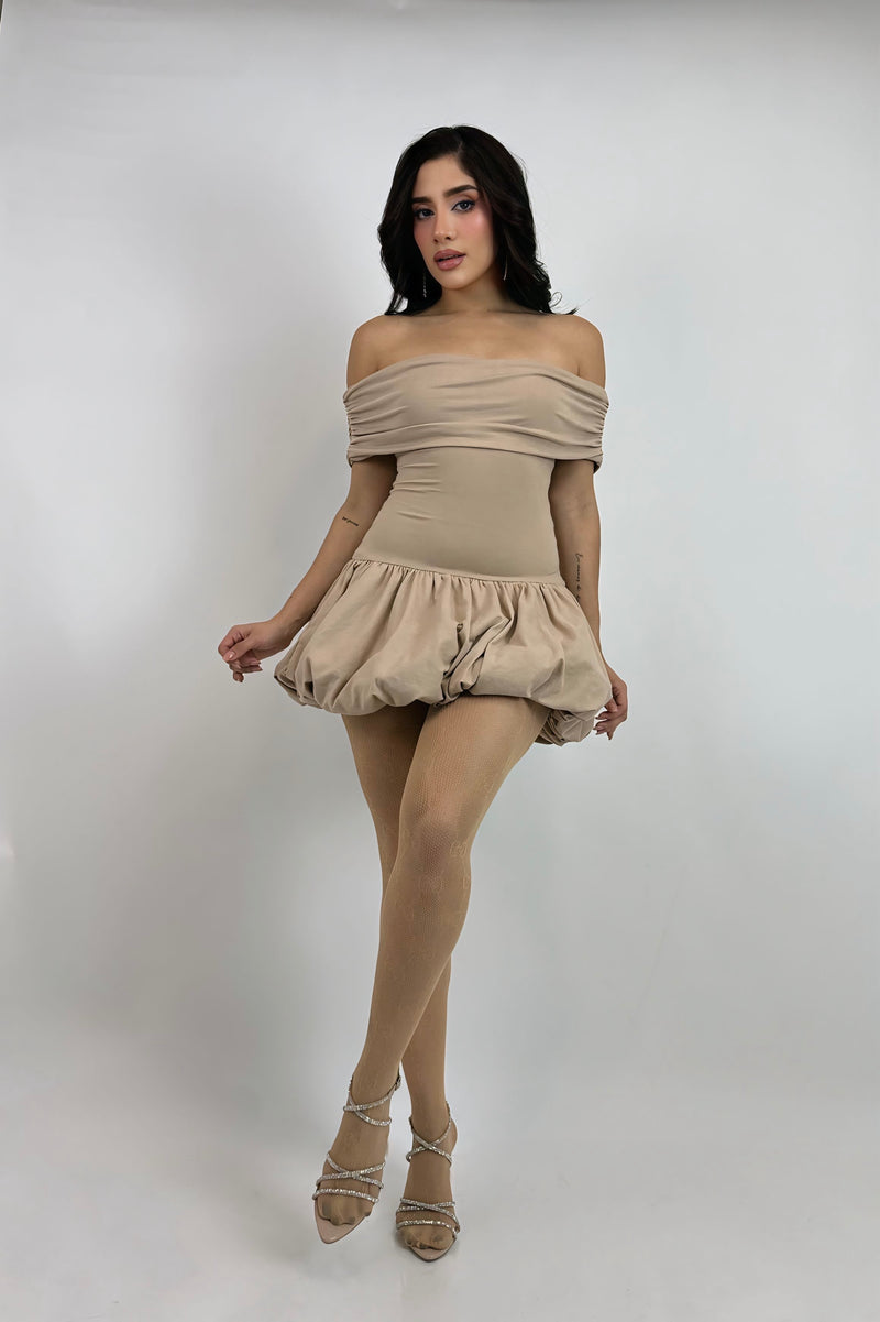 Vestido Off Shoulder Ballon Beige