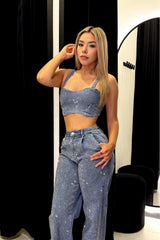 Set Top y Pantalon Rhinestone Denim