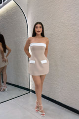 Vestido Strapless App de Bolsas Beige