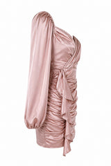 Vestido Corto Corrgado Satinado Rosa