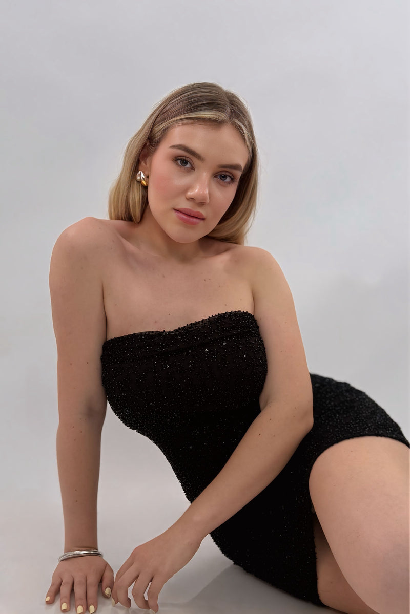 Vestido Strapples Rhinestone Negro