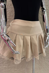 Falda Corta Plisada con Encaje Beige