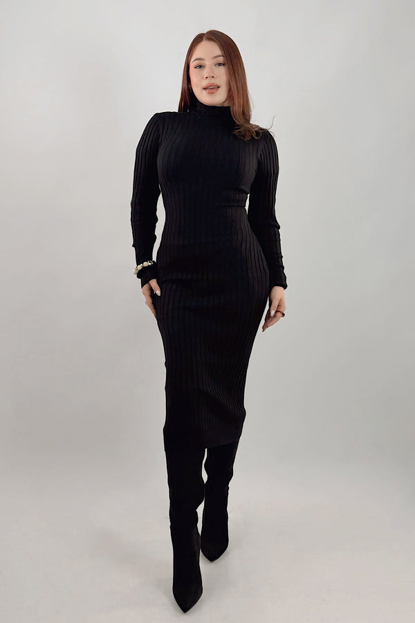 Vestido Midi Tela Punto Manga Larga Negro