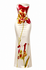 Vestido Largo Satinado Floral Beige