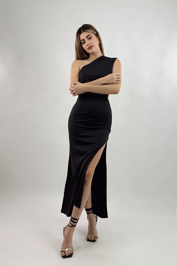 Vestido Midi One Shoulder Negro