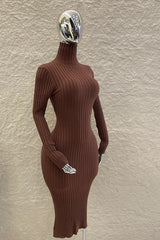 Vestido Midi Tela Punto Manga Larga Cafe