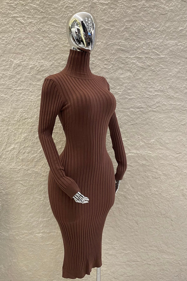 Vestido Midi Tela Punto Manga Larga Cafe