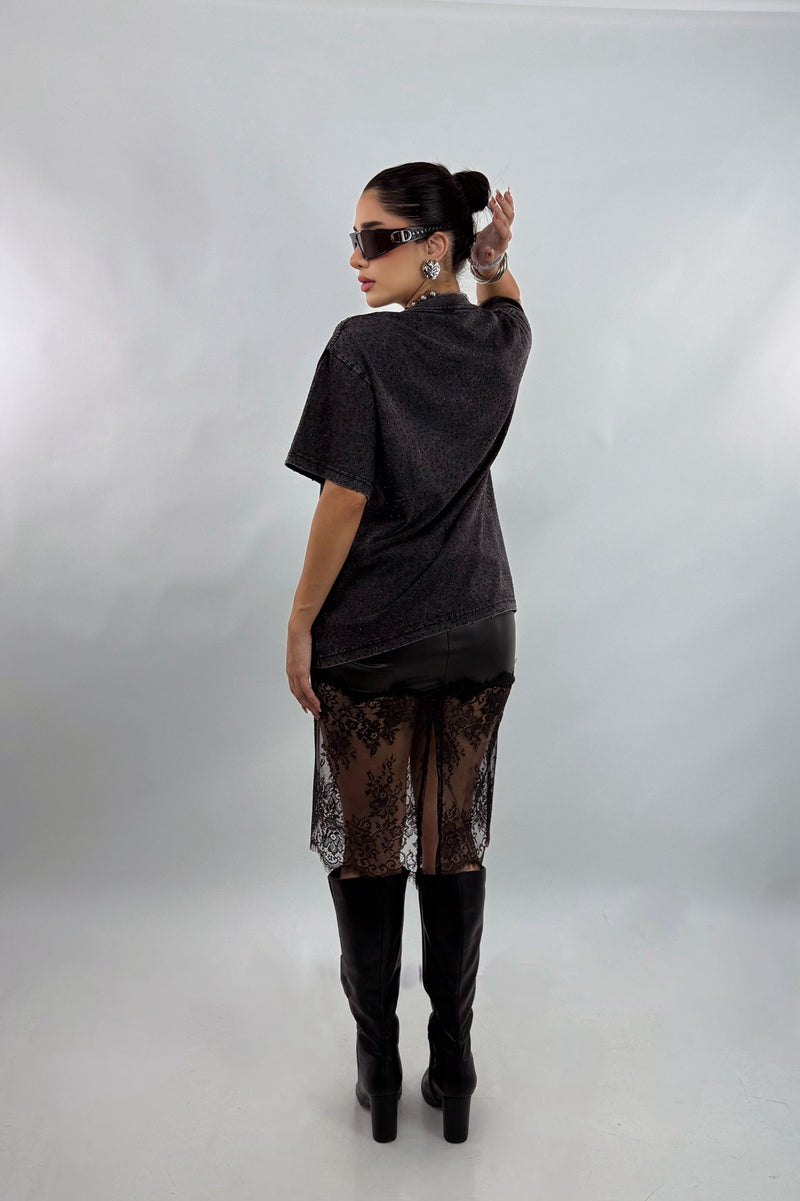 Playera Oversize Rhinestone Negro