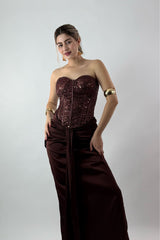 Vestido Brillos Corset largo Cafe