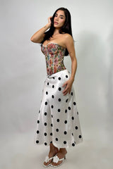 Falda Midi Satinada Polka Blanca