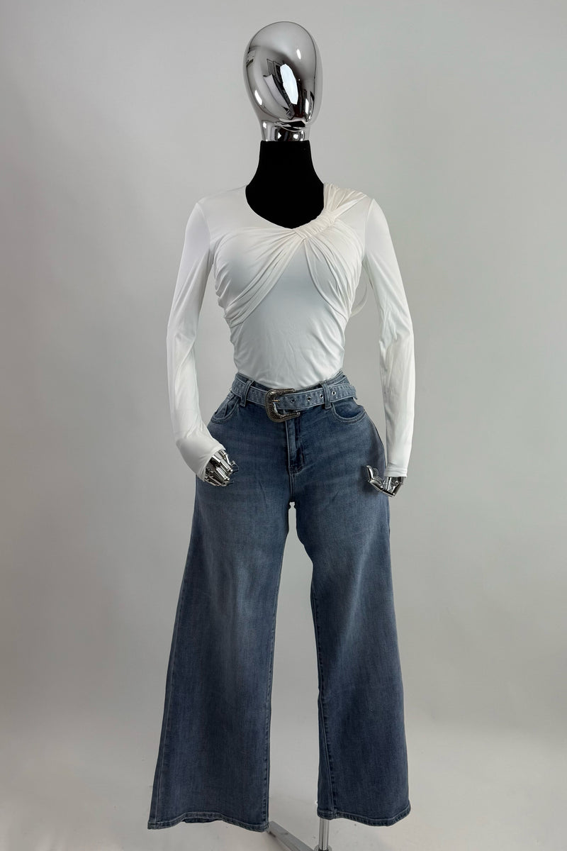 Pantalon con Cinto Rhinestone Denim