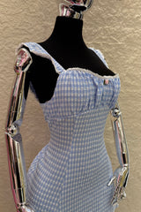 Vestido Gingham Encaje Azul