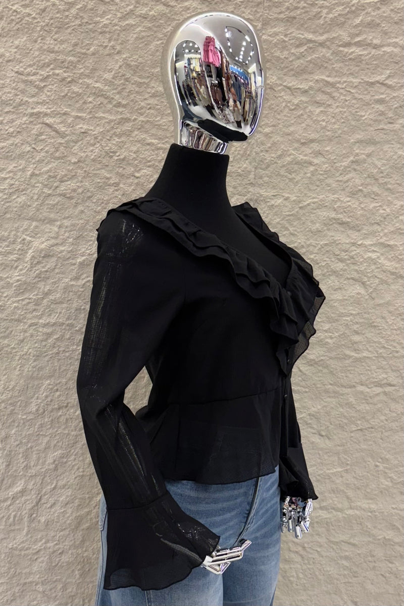 Blusa Manga Larga Olanes Negra