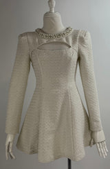 Vestido Tweed Beige Con Perlas