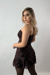 Vestido Strapless Encaje Cafe