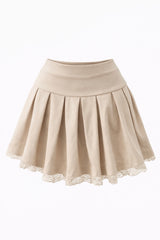 Falda Corta Plisada con Encaje Beige