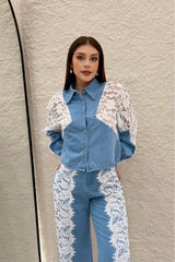 Camisa Denim Con Encaje Blanco
