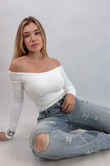 Top Off Shoulder Manga Larga Blanco