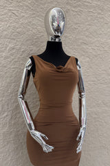 Vestido Midi Escote Abullonado Cafe
