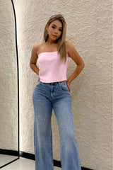 Crop Top Strapless Satinado Rosa