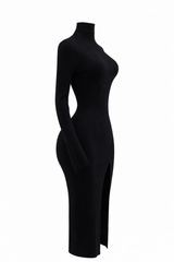 Vestido Midi Manga Larga Tela Punto Negro