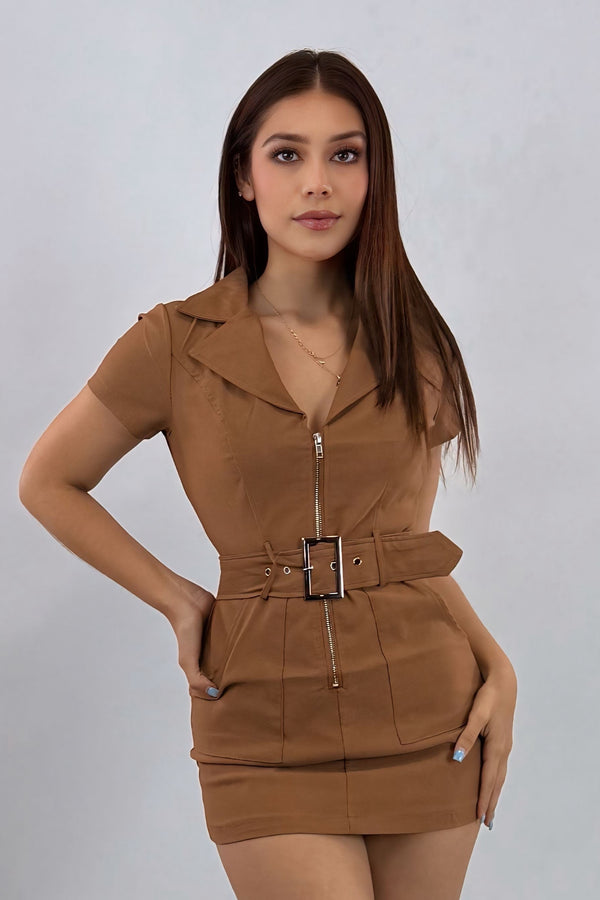 Vestido Manga Corta App de Cinto Camel