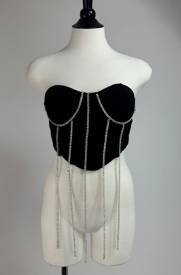 Top Corset Tiras Rhinestone Negro