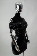 Vestido Lentejuela Asimetrico Negro
