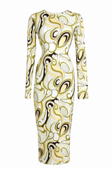 Vestido Midi Print Amarillo Con Cafe