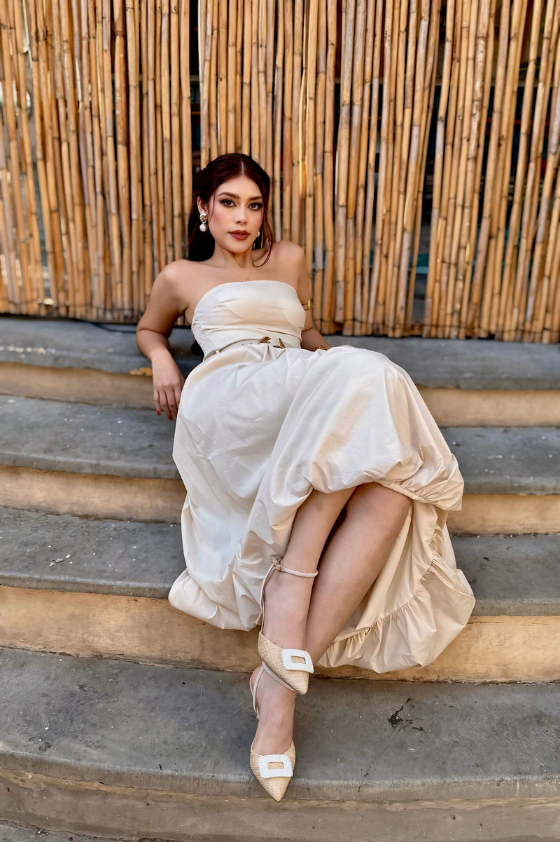Vestido Strapless Largo Beige