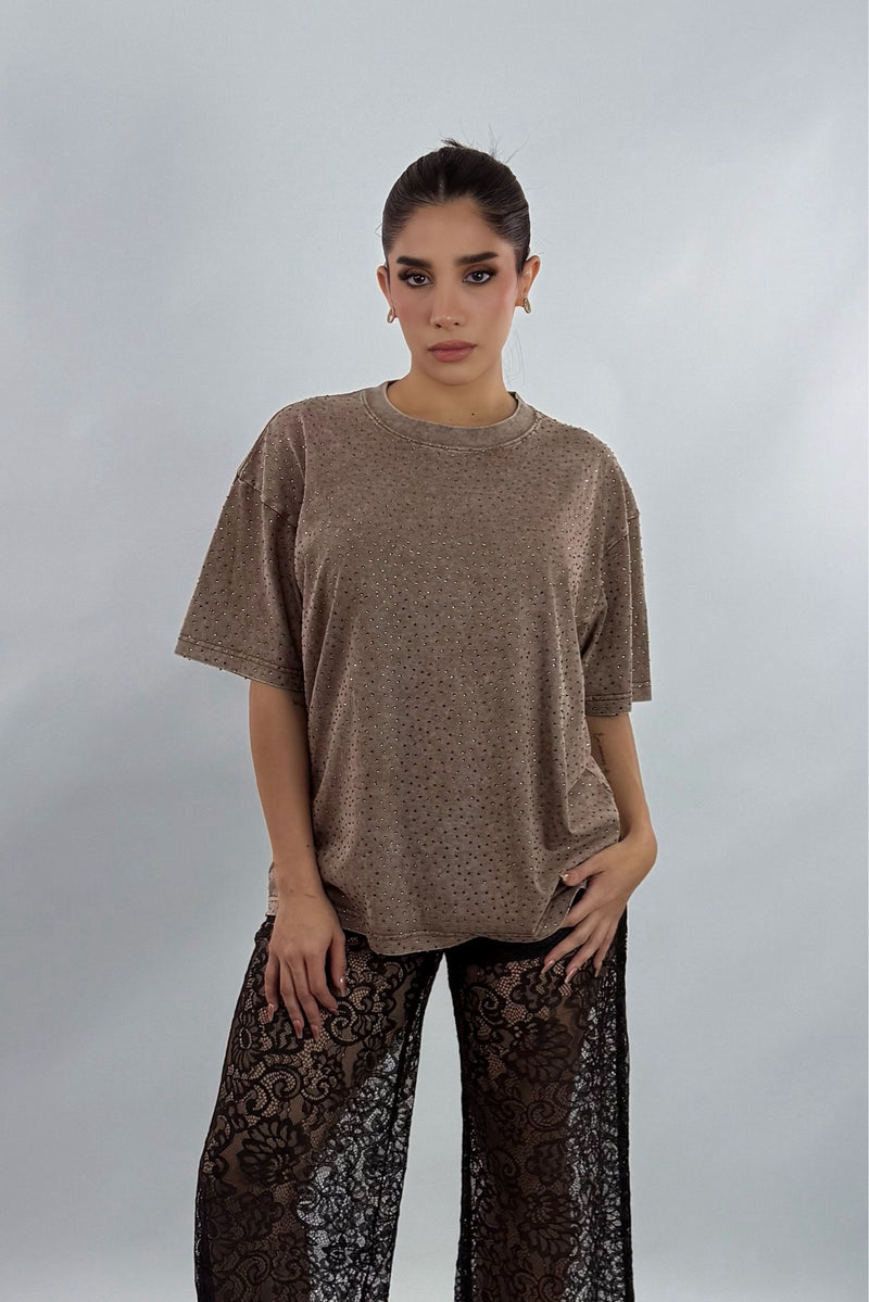 Playera Oversize Rhinestone Cafe