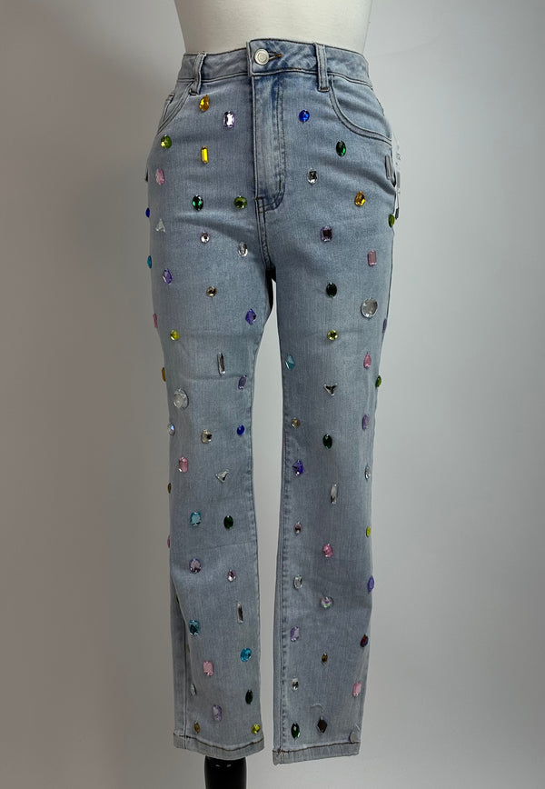 Pantalon Denim Con Pedreria de Colores