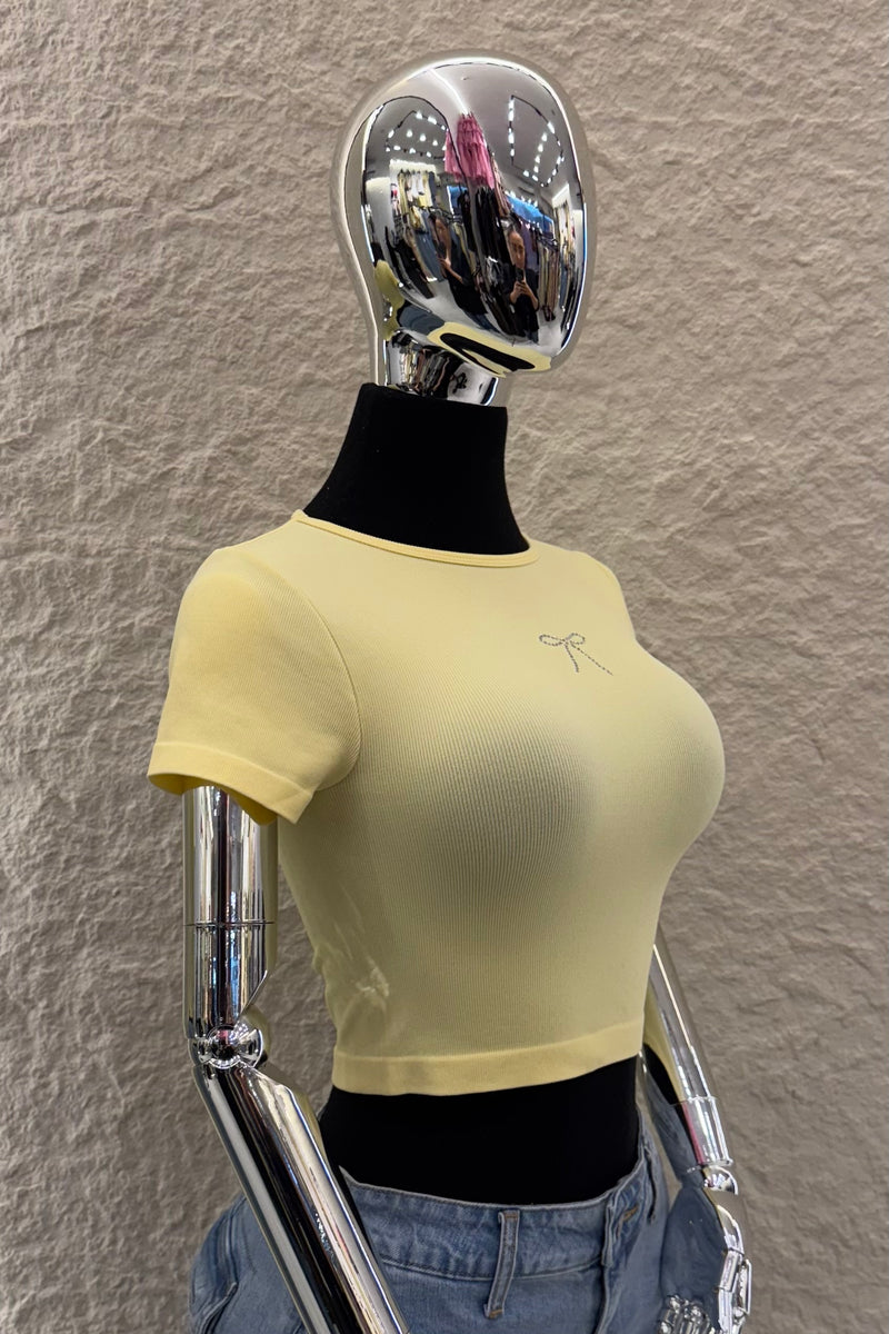 Crop Top App de Moño Rhinestone Amarillo