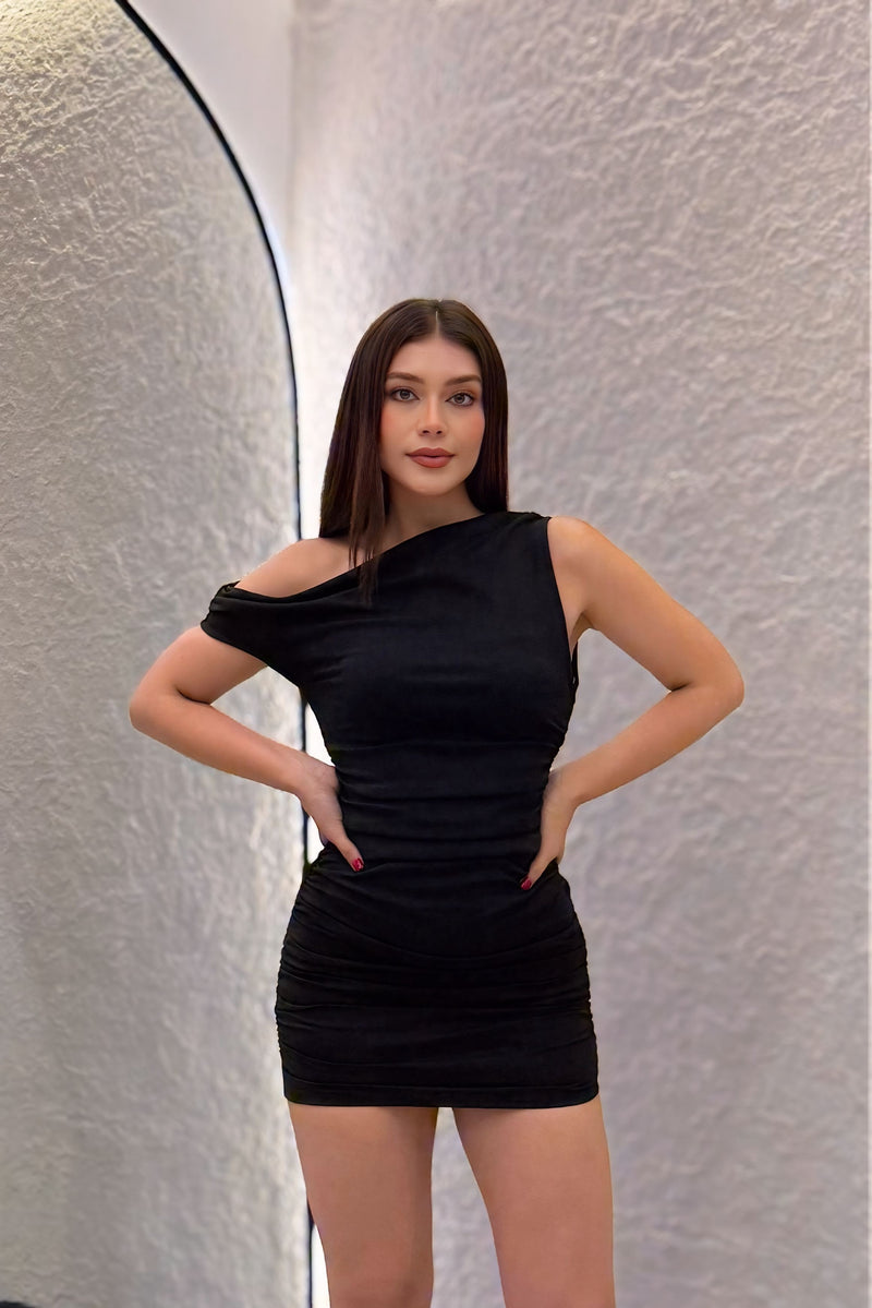 Vestido Corto Off Shoulder Ruched Negro