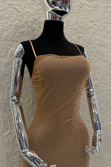 Vestido Rhinestone Escote Corrugado Camel