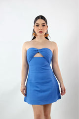 Vestido Lino Corto Suelto Azul