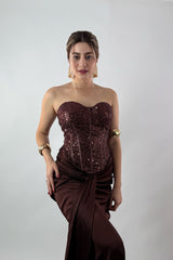 Vestido Brillos Corset largo Cafe