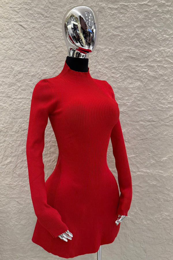 Vestido Manga Larga Tela Sweater Rojo