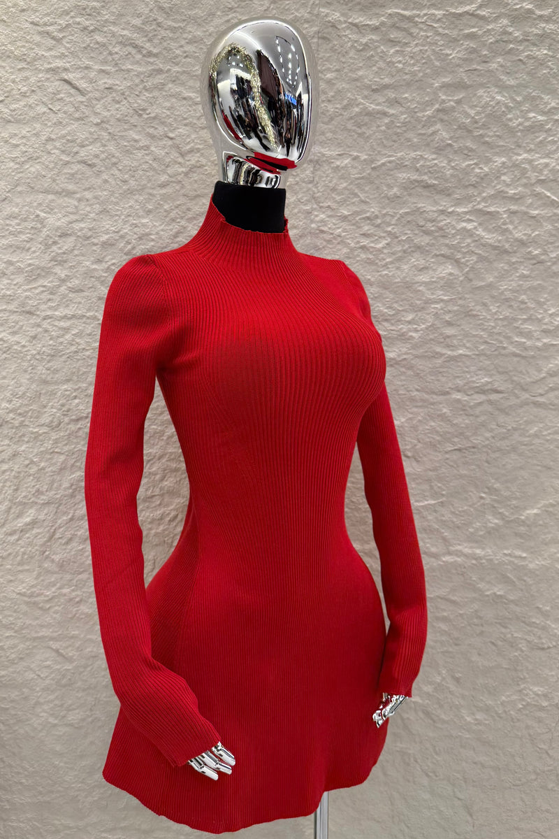 Vestido Manga Larga Tela Sweater Rojo