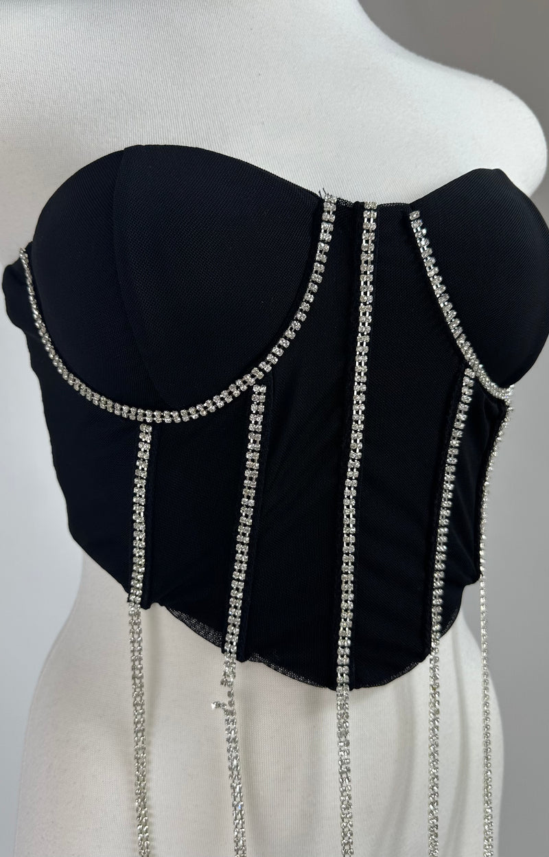 Top Corset Tiras Rhinestone Negro