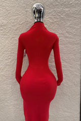 Vestido Midi Manga Larga Tela Punto Rojo