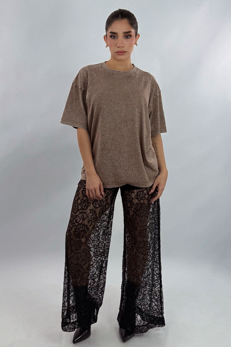 Pantalon Acampanado Encaje Negro