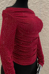 Blusa Rhinestone Ruched Rojo