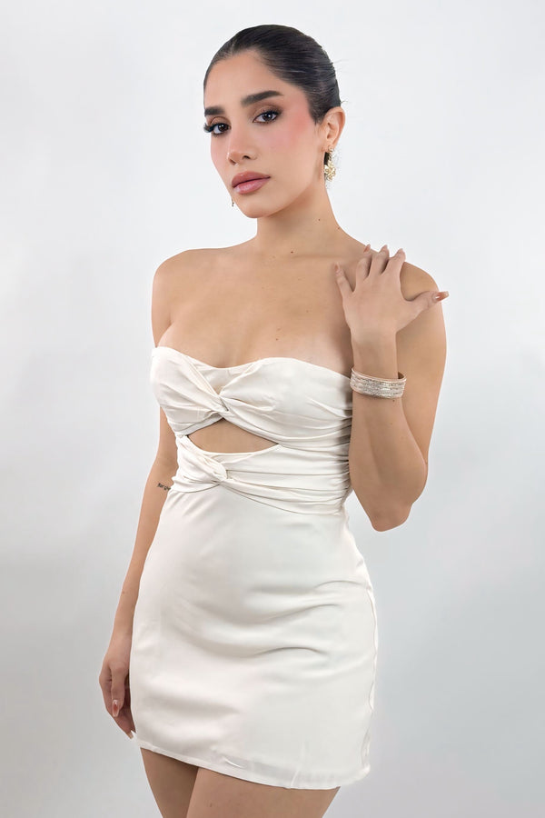 Vestido Strapless Satinado Beige