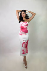 Vestido Midi Strapless Floreado Rosa