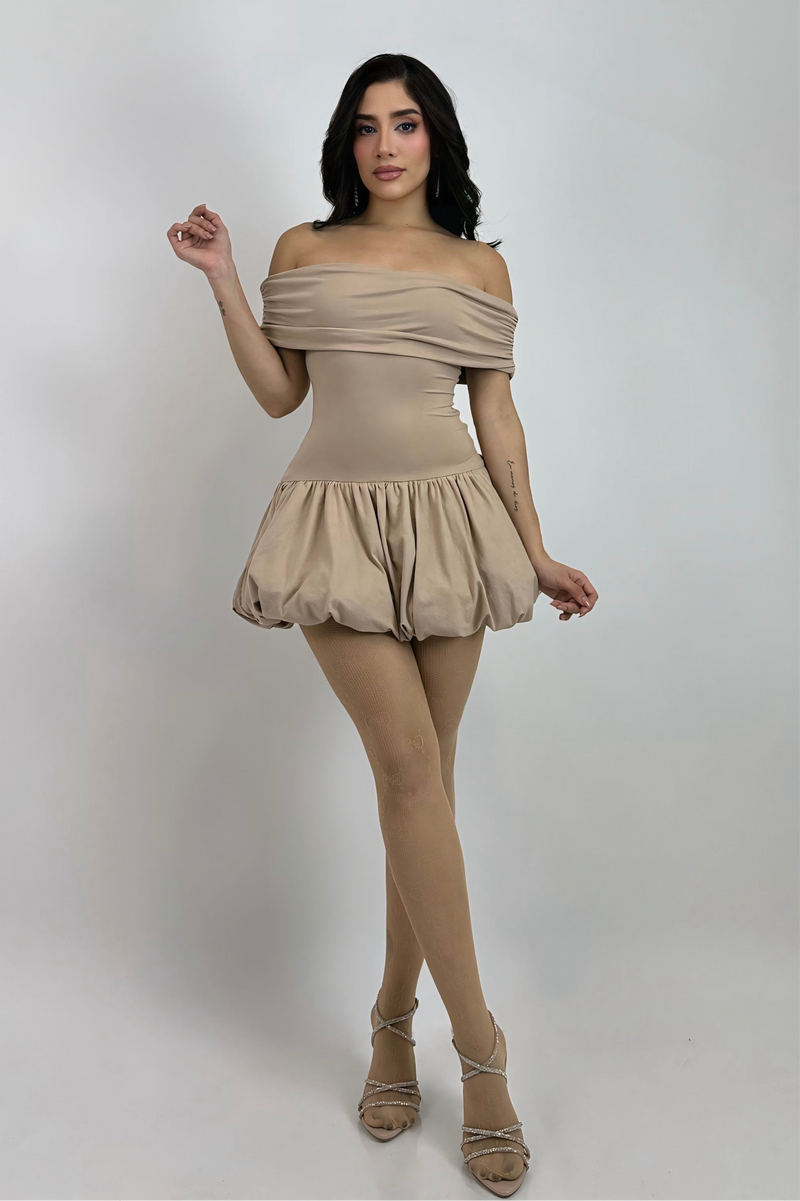 Vestido Off Shoulder Ballon Beige