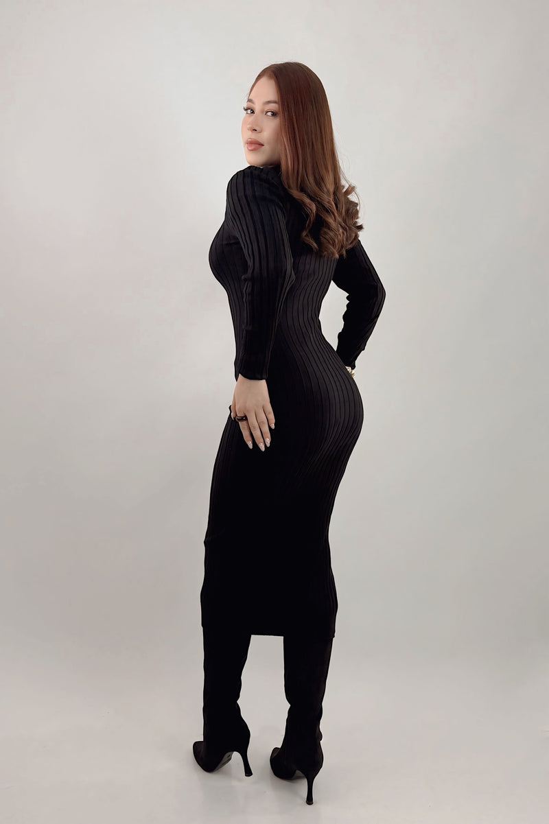 Vestido Midi Tela Punto Manga Larga Negro