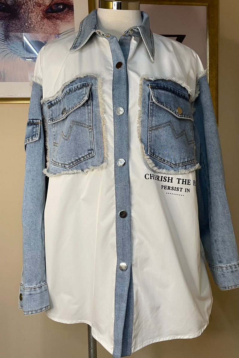 Camisa Oversize con App Denim Blanca