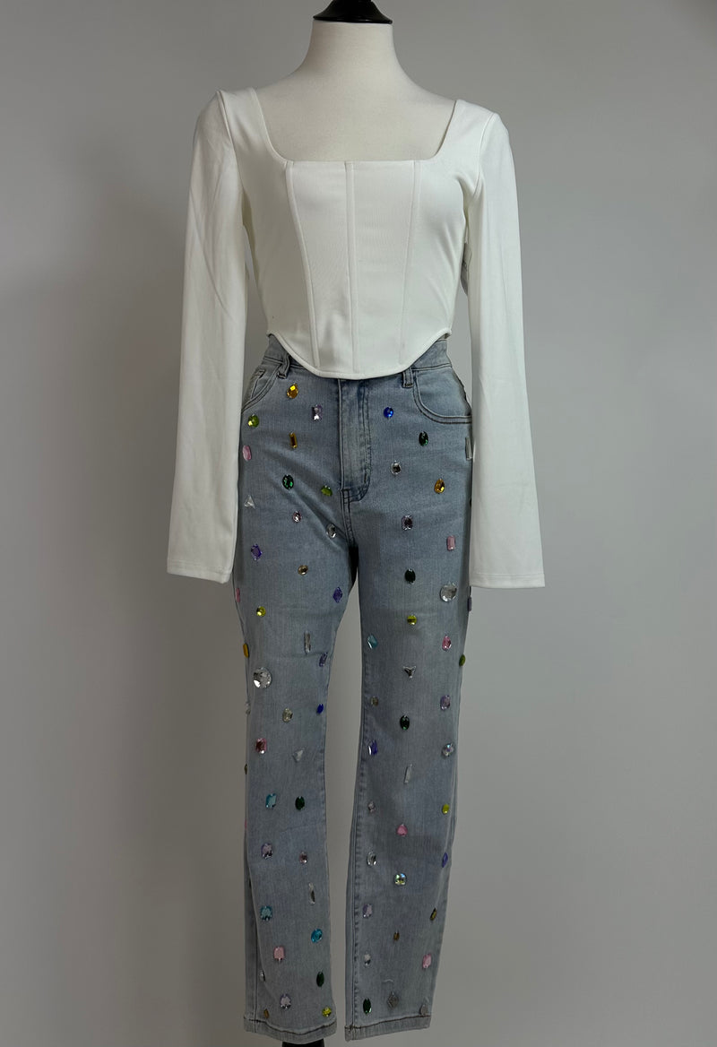 Pantalon Denim Con Pedreria de Colores